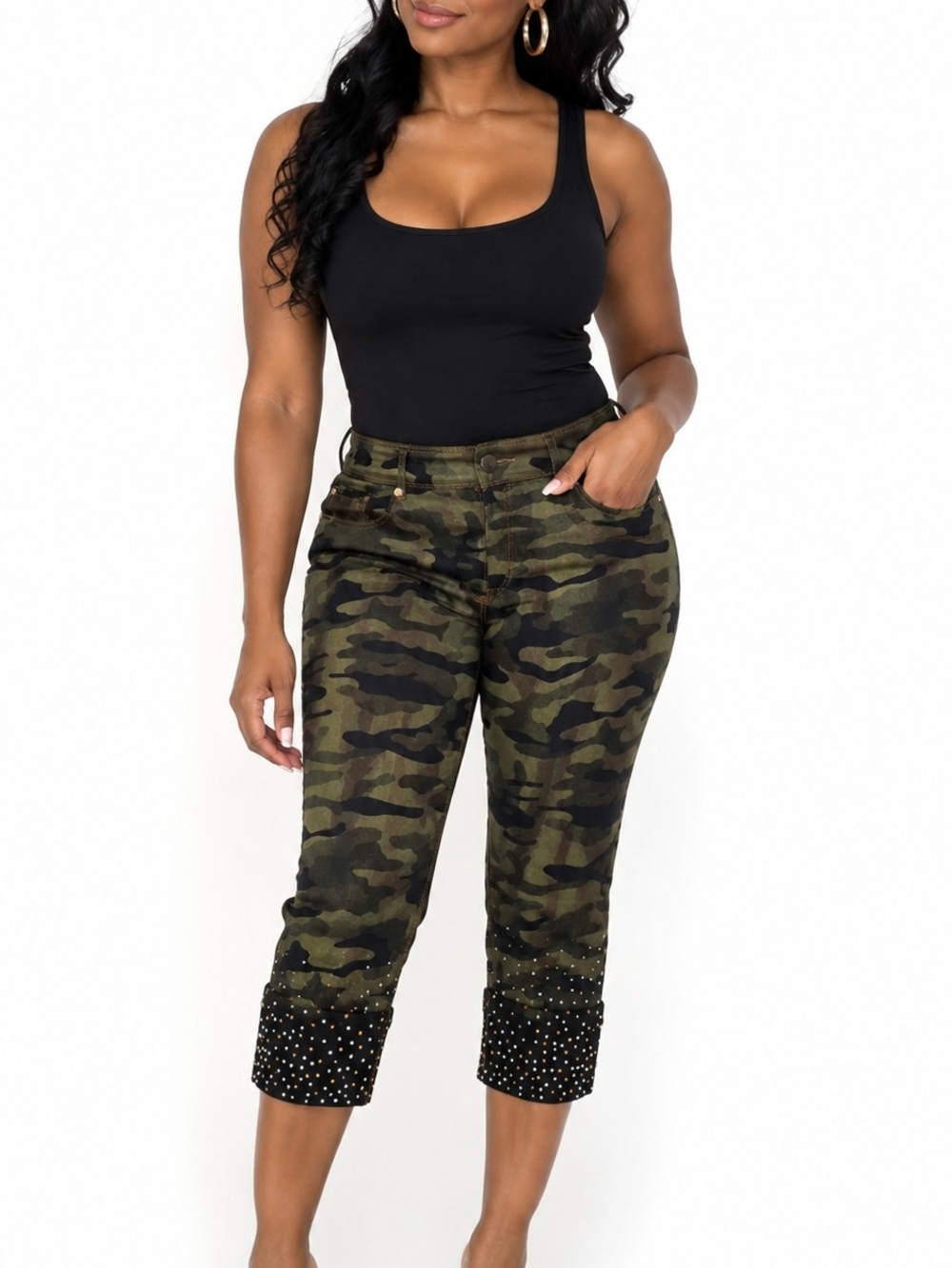 Nygard Camo Rhinestone Capri Pants 4-Way Stretch Size M 10–12
